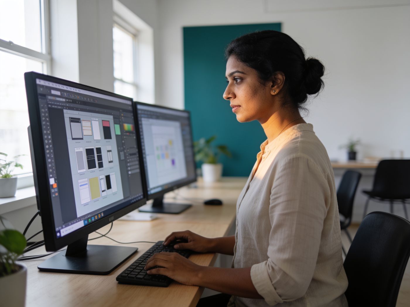 A designer arranging interface components on a large monitor