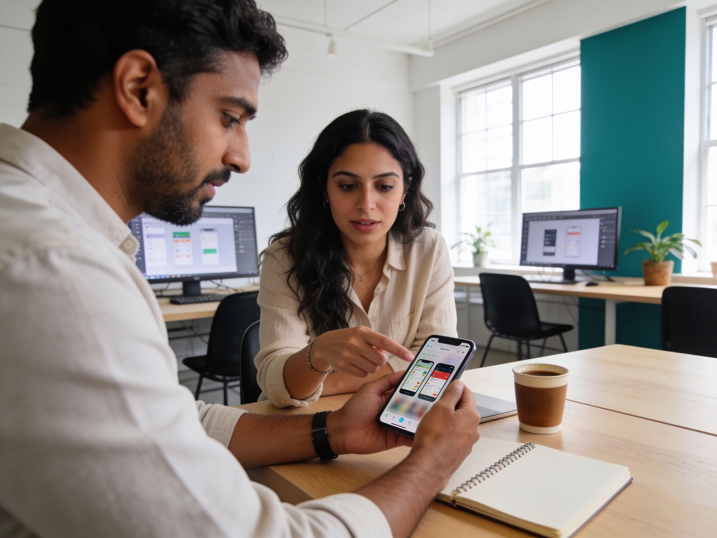 Reviewing a mobile prototype at a desk