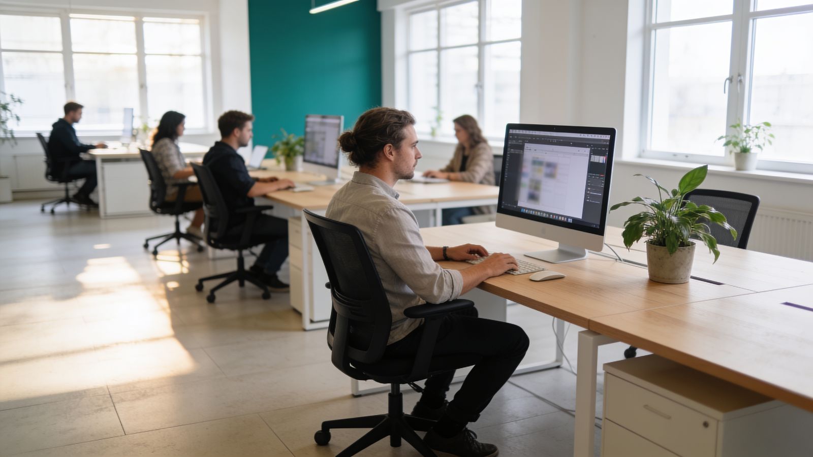 Two designers sketching user flows on a glass whiteboard